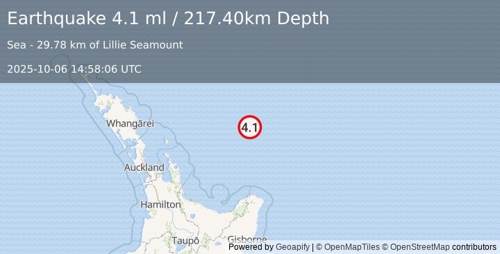 Earthquake OFF E. COAST OF N. ISLAND, N.Z. (4.1 ml) (2025-10-06 14:58:06 UTC)