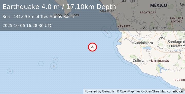 Earthquake OFF COAST OF JALISCO, MEXICO (4.0 m) (2025-10-06 16:28:30 UTC)