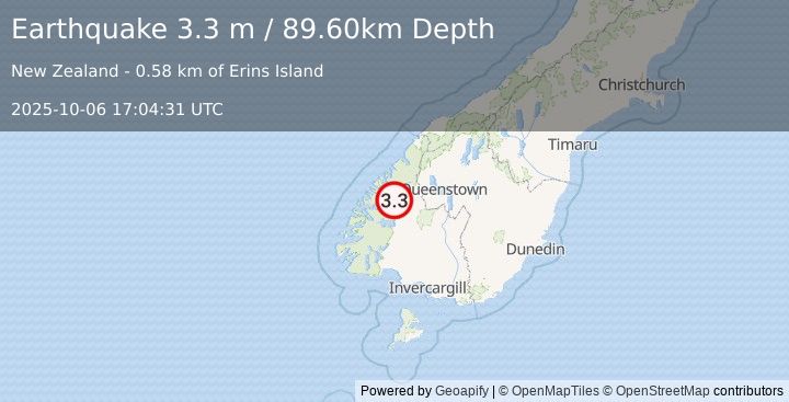 Earthquake SOUTH ISLAND OF NEW ZEALAND (3.3 m) (2025-10-06 17:04:31 UTC)