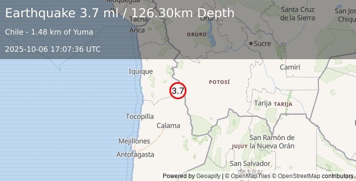 Earthquake ANTOFAGASTA, CHILE (3.7 ml) (2025-10-06 17:07:36 UTC)