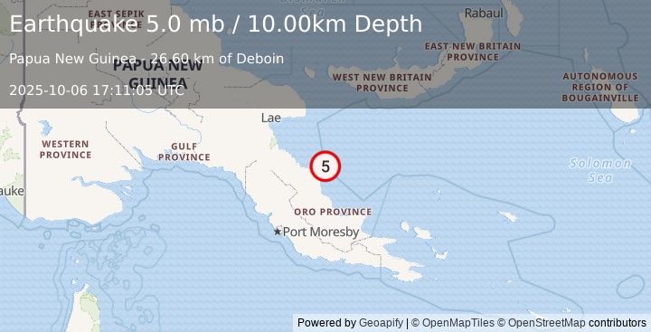 Earthquake EASTERN NEW GUINEA REG., P.N.G. (5.0 mb) (2025-10-06 17:11:08 UTC)