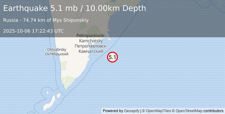 Earthquake OFF EAST COAST OF KAMCHATKA (4.9 mb) (2025-10-06 17:22:45 UTC)