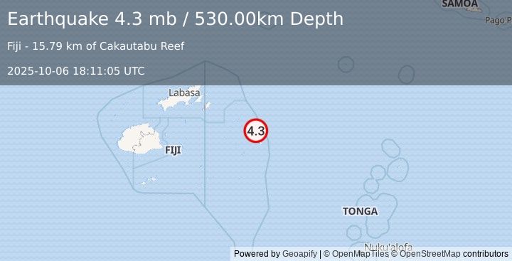 Earthquake FIJI REGION (4.3 mb) (2025-10-06 18:11:05 UTC)