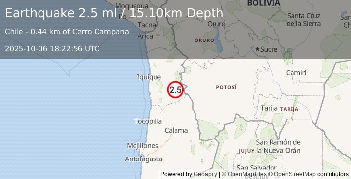 Earthquake TARAPACA, CHILE (2.5 ml) (2025-10-06 18:22:56 UTC)