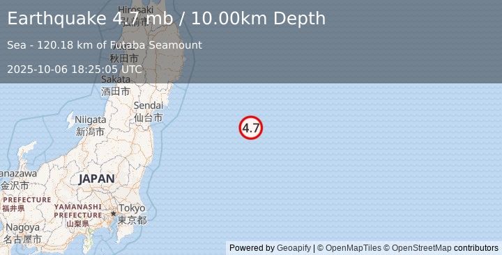 Earthquake OFF EAST COAST OF HONSHU, JAPAN (4.7 mb) (2025-10-06 18:25:05 UTC)