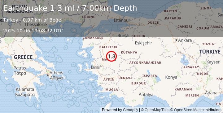 Earthquake WESTERN TURKEY (1.3 ml) (2025-10-06 19:08:32 UTC)