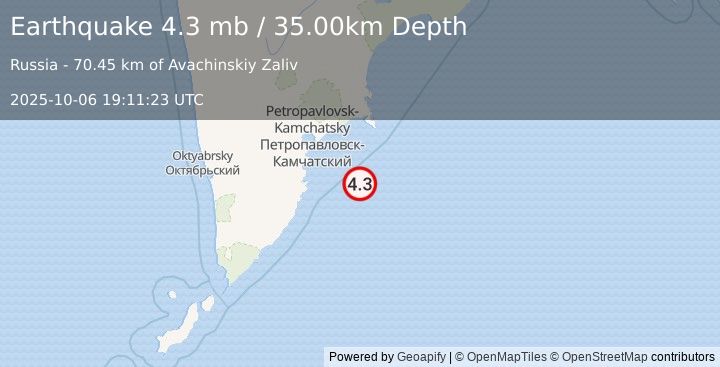 Earthquake OFF EAST COAST OF KAMCHATKA (4.3 mb) (2025-10-06 19:11:23 UTC)