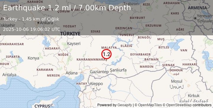 Earthquake CENTRAL TURKEY (1.2 ml) (2025-10-06 19:06:02 UTC)