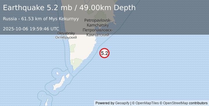 Earthquake OFF EAST COAST OF KAMCHATKA (4.9 mb) (2025-10-06 19:59:38 UTC)