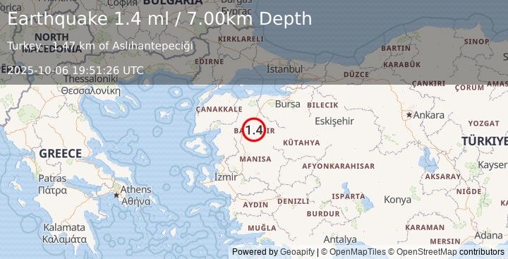Earthquake WESTERN TURKEY (1.4 ml) (2025-10-06 19:51:26 UTC)
