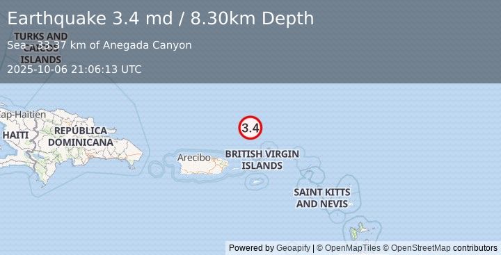 Earthquake VIRGIN ISLANDS REGION (3.4 md) (2025-10-06 21:06:13 UTC)