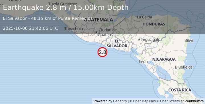 Earthquake OFFSHORE EL SALVADOR (2.8 m) (2025-10-06 21:42:06 UTC)