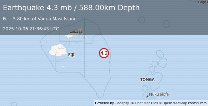 Earthquake FIJI REGION (4.3 mb) (2025-10-06 21:36:43 UTC)