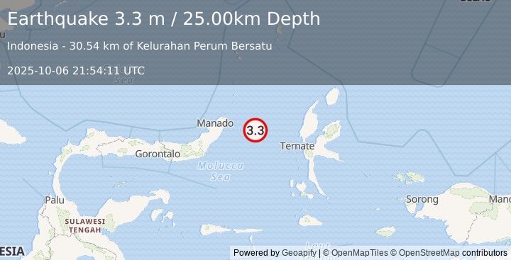 Earthquake MOLUCCA SEA (3.3 m) (2025-10-06 21:54:11 UTC)