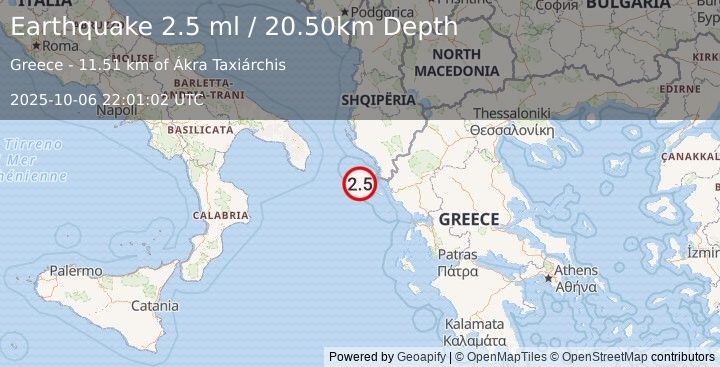 Earthquake KERKIRA REGION, GREECE (2.5 ml) (2025-10-06 22:01:02 UTC)