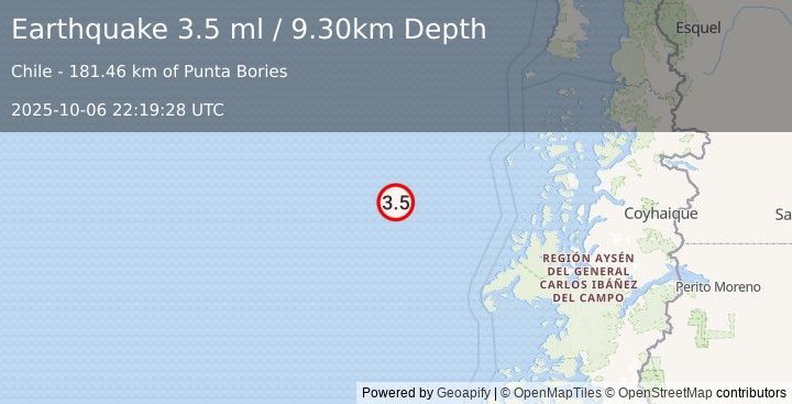 Earthquake OFF COAST OF AISEN, CHILE (3.5 ml) (2025-10-06 22:19:28 UTC)