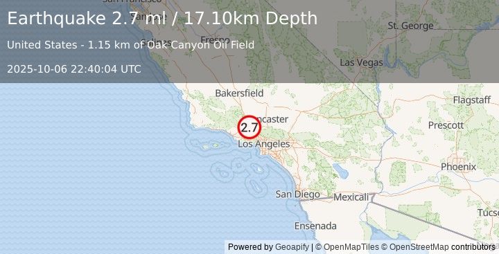 Earthquake GREATER LOS ANGELES AREA, CALIF. (2.7 ml) (2025-10-06 22:40:04 UTC)