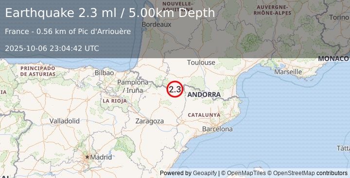 Earthquake PYRENEES (2.3 ml) (2025-10-06 23:04:42 UTC)