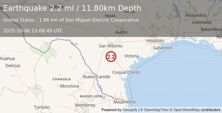 Earthquake SOUTHERN TEXAS (2.2 ml) (2025-10-06 23:08:49 UTC)