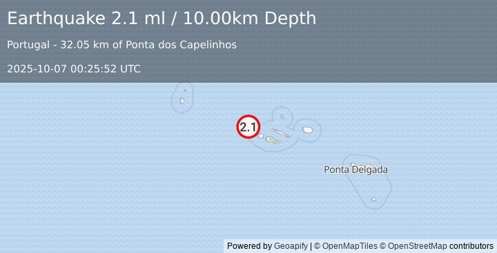 Earthquake AZORES ISLANDS, PORTUGAL (2.1 ml) (2025-10-07 00:25:52 UTC)