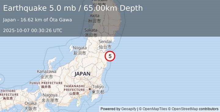 Earthquake NEAR EAST COAST OF HONSHU, JAPAN (5.1 mw) (2025-10-07 00:30:23 UTC)