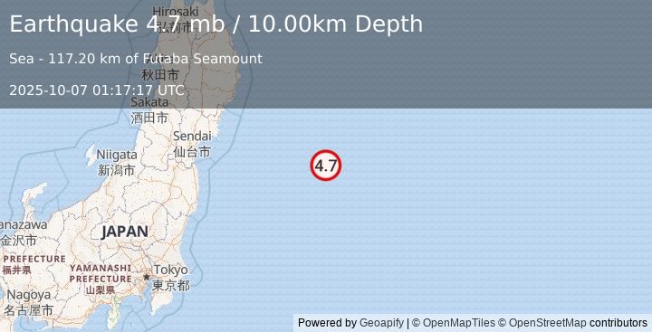 Earthquake OFF EAST COAST OF HONSHU, JAPAN (4.7 mb) (2025-10-07 01:17:17 UTC)