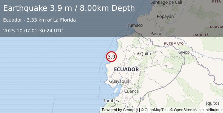 Earthquake NEAR COAST OF ECUADOR (3.9 m) (2025-10-07 01:30:24 UTC)