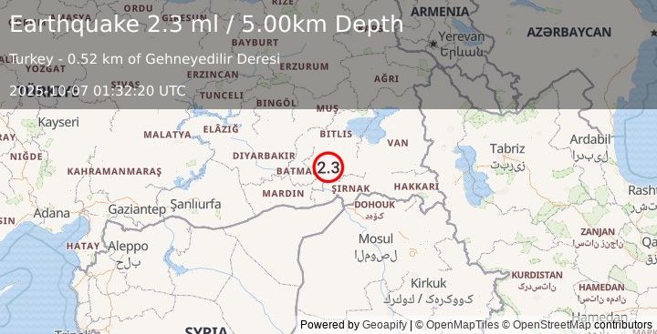 Earthquake EASTERN TURKEY (2.3 ml) (2025-10-07 01:32:21 UTC)