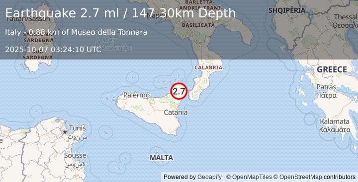 Earthquake SICILY, ITALY (2.7 ml) (2025-10-07 03:24:10 UTC)