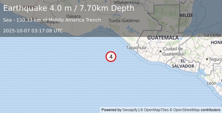 Earthquake OFF COAST OF CHIAPAS, MEXICO (4.0 m) (2025-10-07 03:17:08 UTC)
