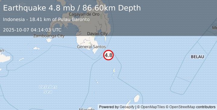 Earthquake MINDANAO, PHILIPPINES (4.8 mb) (2025-10-07 04:14:03 UTC)