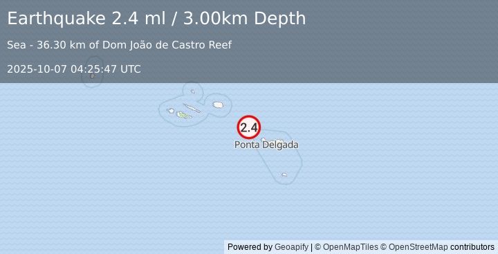 Earthquake AZORES ISLANDS, PORTUGAL (2.4 ml) (2025-10-07 04:25:47 UTC)
