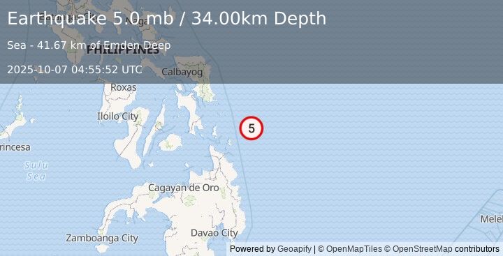 Earthquake PHILIPPINE ISLANDS REGION (4.9 mb) (2025-10-07 04:55:50 UTC)