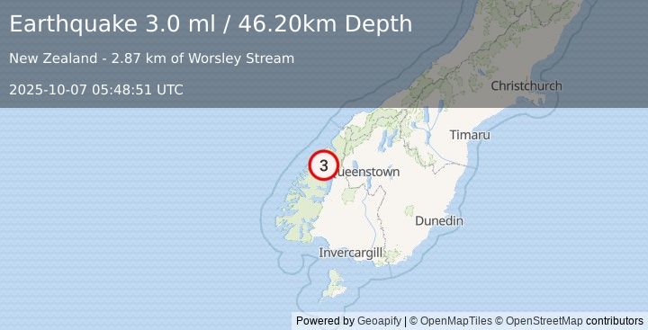 Earthquake SOUTH ISLAND OF NEW ZEALAND (3.0 ml) (2025-10-07 05:48:51 UTC)