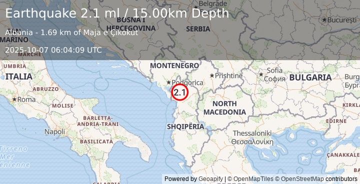 Earthquake ALBANIA (2.1 ml) (2025-10-07 06:04:09 UTC)