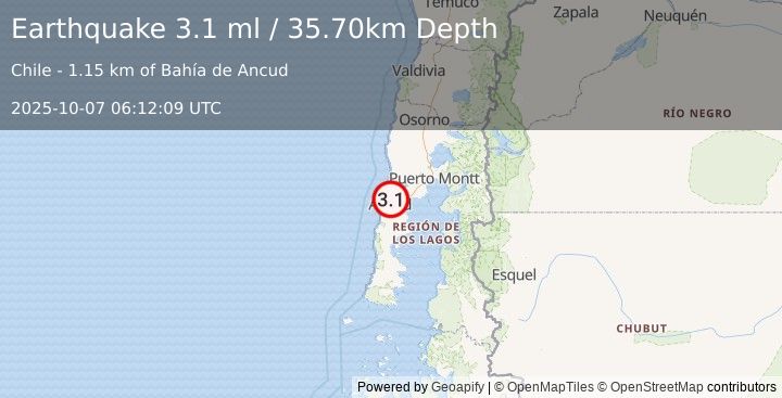 Earthquake OFFSHORE LOS LAGOS, CHILE (3.1 ml) (2025-10-07 06:12:09 UTC)