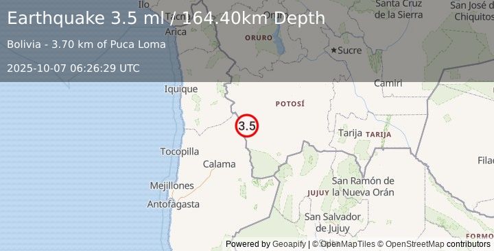 Earthquake POTOSI, BOLIVIA (3.5 ml) (2025-10-07 06:26:29 UTC)