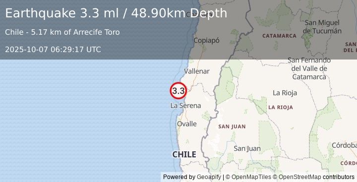 Earthquake OFFSHORE COQUIMBO, CHILE (3.4 ml) (2025-10-07 06:29:16 UTC)