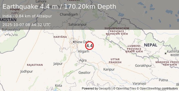 Earthquake UTTAR PRADESH, INDIA (4.4 m) (2025-10-07 08:44:32 UTC)