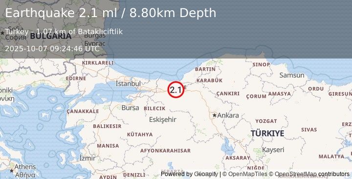Earthquake WESTERN TURKEY (2.1 ml) (2025-10-07 09:24:46 UTC)