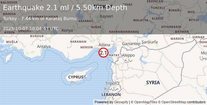 Earthquake CENTRAL TURKEY (2.1 ml) (2025-10-07 10:04:43 UTC)