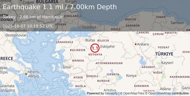 Earthquake WESTERN TURKEY (1.1 ml) (2025-10-07 10:19:52 UTC)