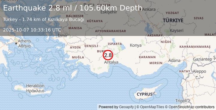 Earthquake WESTERN TURKEY (2.8 ml) (2025-10-07 10:33:16 UTC)