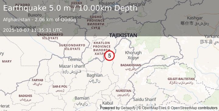 Earthquake HINDU KUSH REGION, AFGHANISTAN (5.1 mb) (2025-10-07 11:35:29 UTC)
