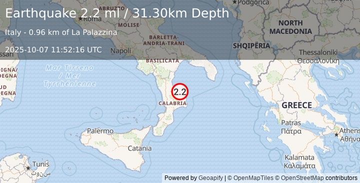 Earthquake SOUTHERN ITALY (2.2 ml) (2025-10-07 11:52:16 UTC)