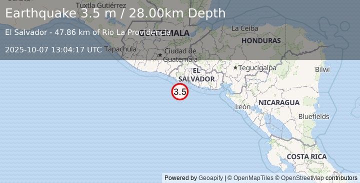 Earthquake OFFSHORE EL SALVADOR (3.5 m) (2025-10-07 13:04:17 UTC)