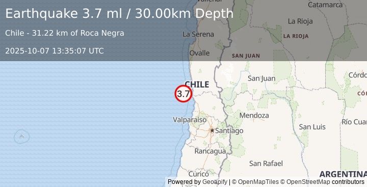 Earthquake OFFSHORE COQUIMBO, CHILE (3.7 ml) (2025-10-07 13:35:07 UTC)