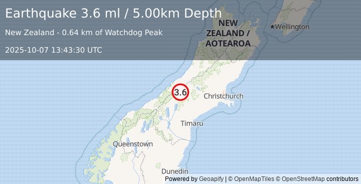 Earthquake SOUTH ISLAND OF NEW ZEALAND (3.6 ml) (2025-10-07 13:43:30 UTC)