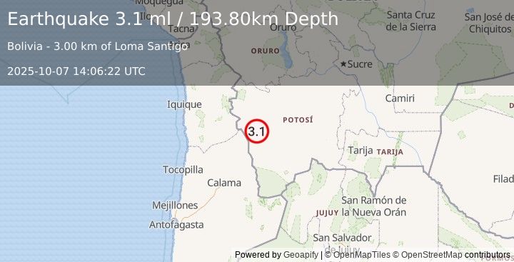 Earthquake POTOSI, BOLIVIA (3.1 ml) (2025-10-07 14:06:22 UTC)