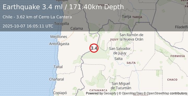 Earthquake ANTOFAGASTA, CHILE (3.4 ml) (2025-10-07 16:05:11 UTC)